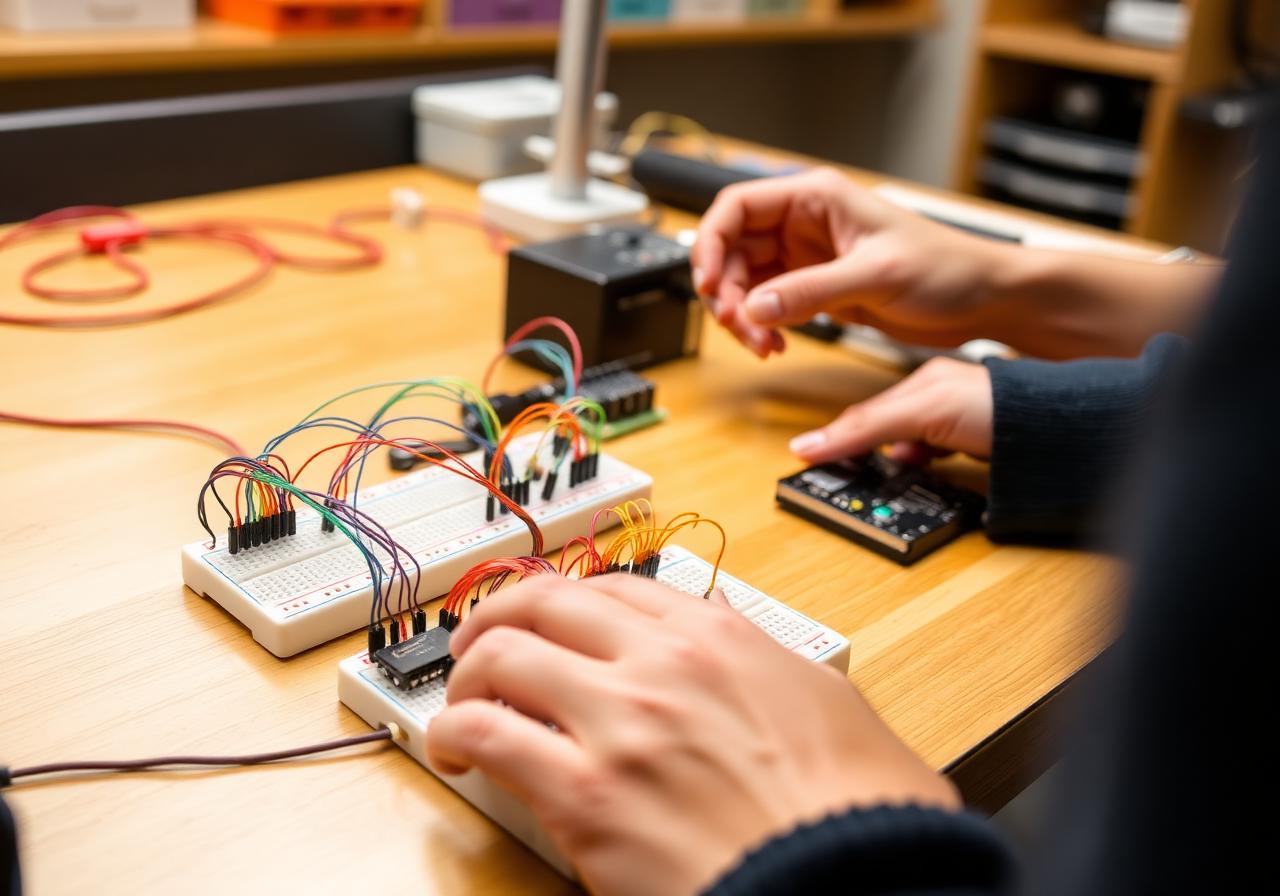 Bancada eletrônica com protoboard e componentes
