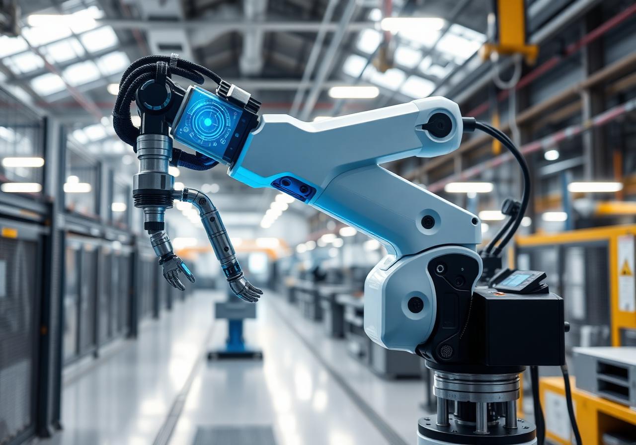 Braço robótico industrial com interface tecnológica