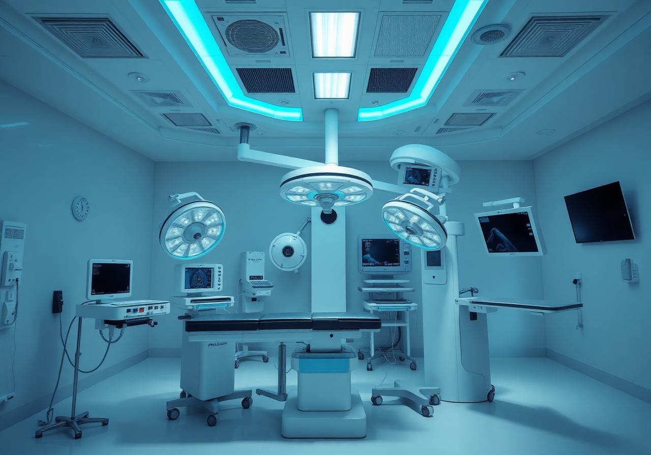 Sala cirúrgica de alta tecnologia com equipamentos médicos